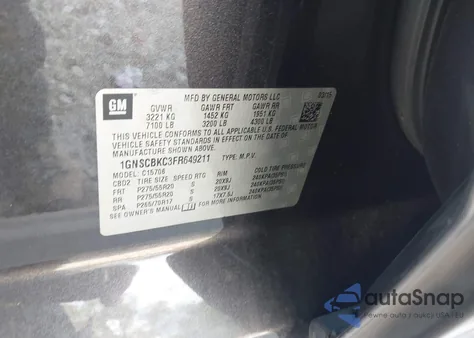 2015 Chevrolet Tahoe Lt z USA, uszkodzony, nr VIN 1GNSCBKC3FR649211